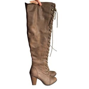 Vintage Y2K Forever 21 Brown Lace Up Heeled Over The Knee Boots Size 10 Vegan
